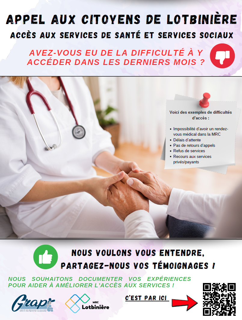 Appel témoignages citoyens Lotbinière sur accès santé.